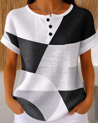 Crew Neck Button Color-Block Waffle Blouse