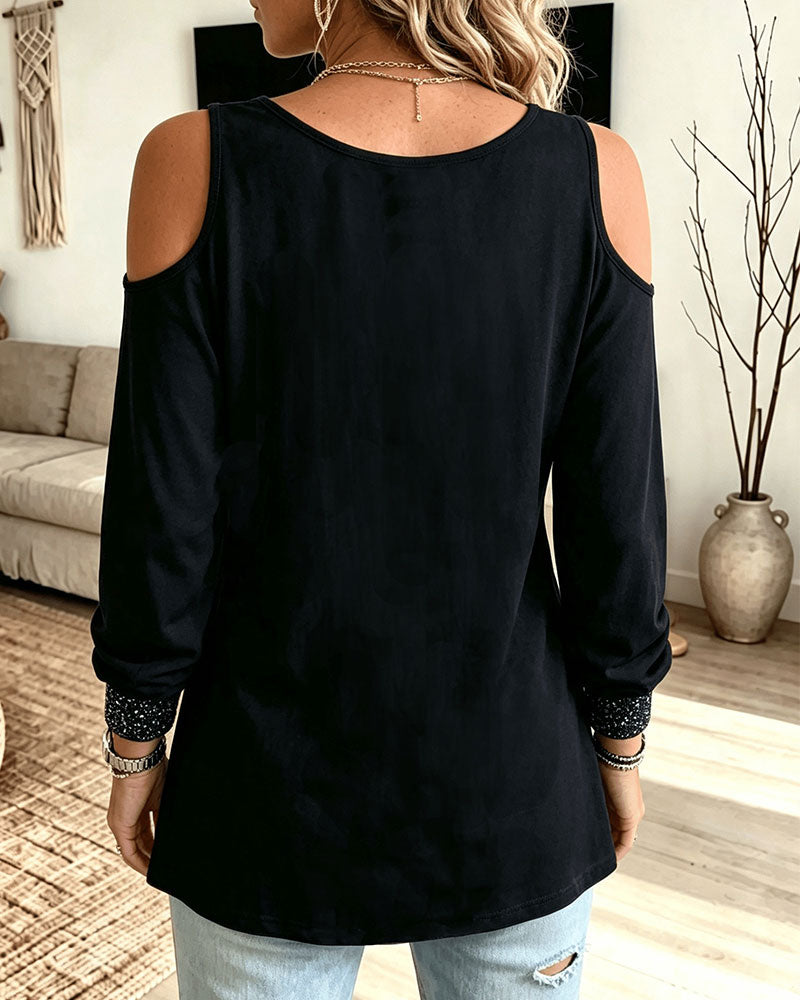 U-Neck Off-Shoulder Spliced Long Sleeve Top