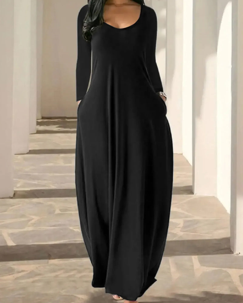 Crew-Neck Pocket Full-Skirt Long-Sleeve Dress