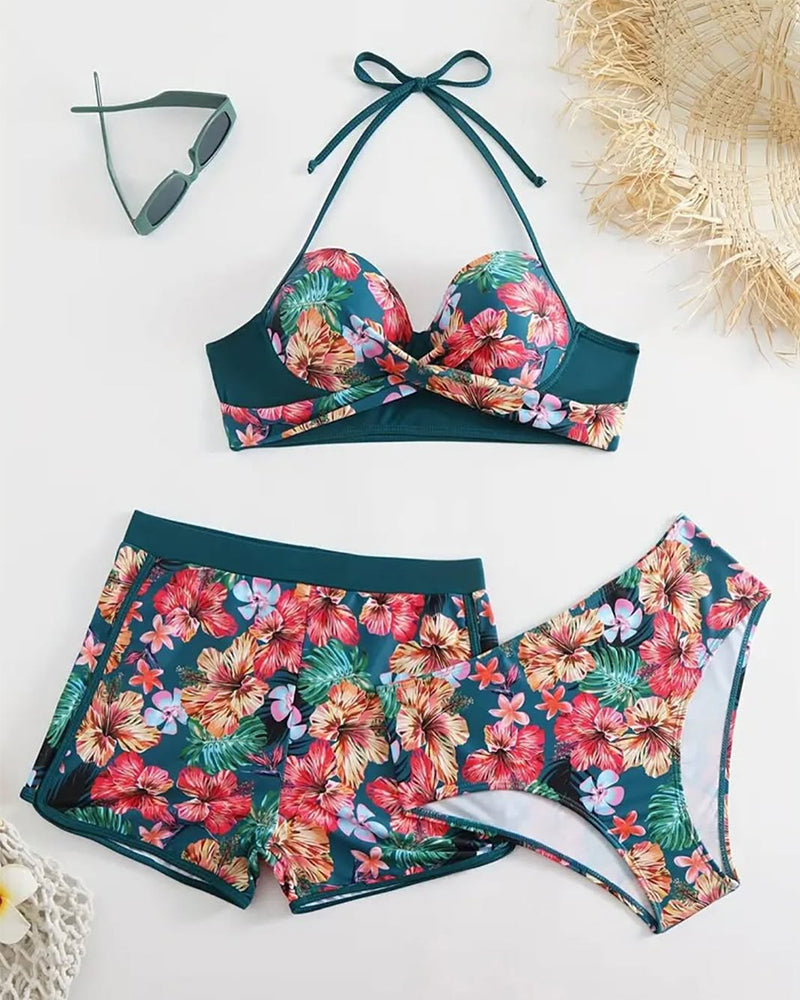Casual Floral Print Shorts Three-Piece Swimsuit