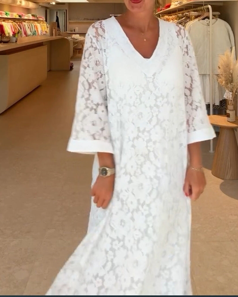 V-neck Hollow Lace Flower Loose Dress