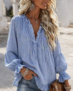 Ruffle Edge Relaxed Checkered Blouse
