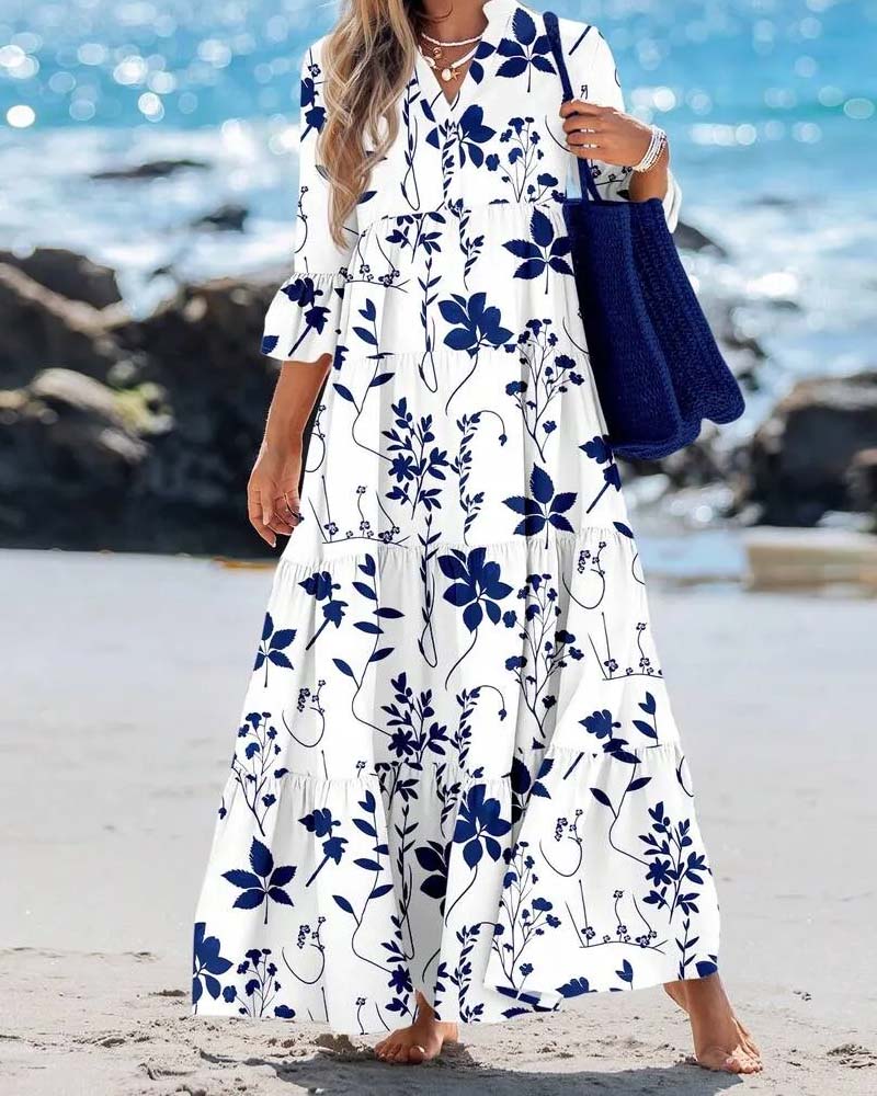 V-Neck Floral Ruffle Tiered Dress