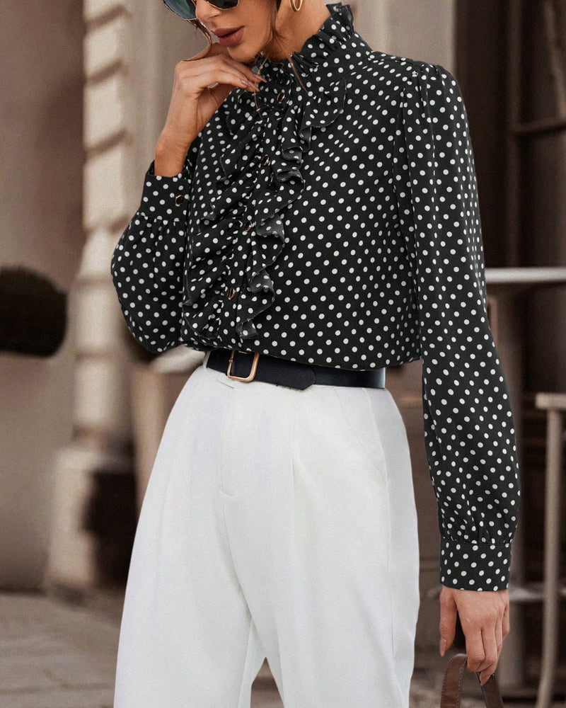 High-Neck Polka-Dot Ruffled Blouse