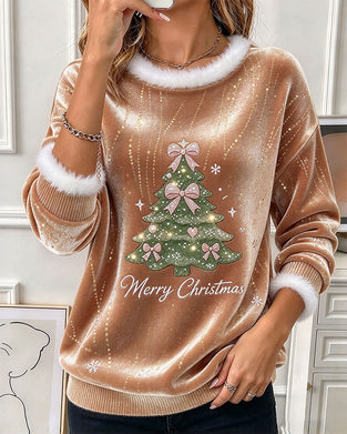 Christmas Tree Plush Trim Loose Sweatshirt