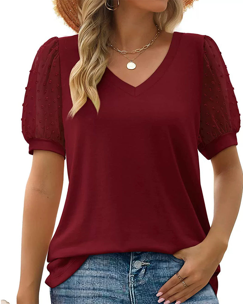 Solid Mesh Puff Sleeve Blouse