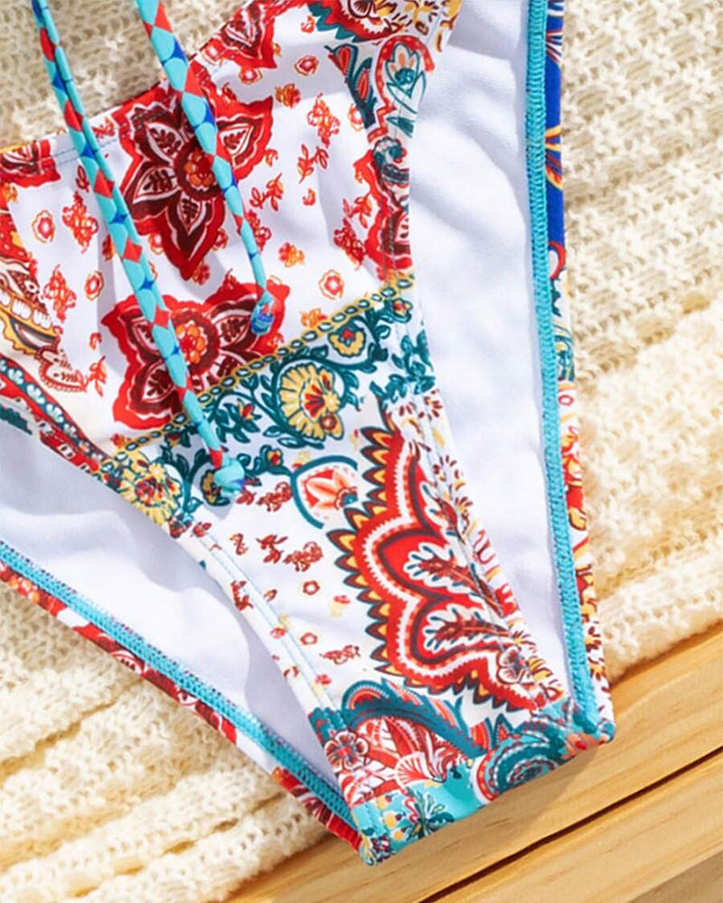 Printed Lace-Up Sexy Triangle Bikini