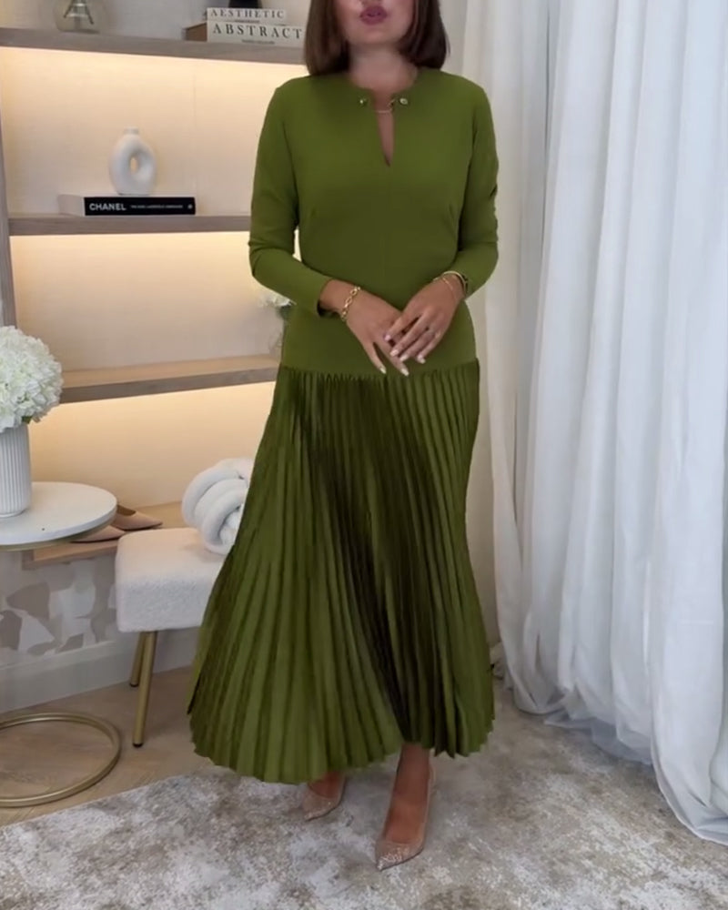 Casual solid color long sleeve pleated dress