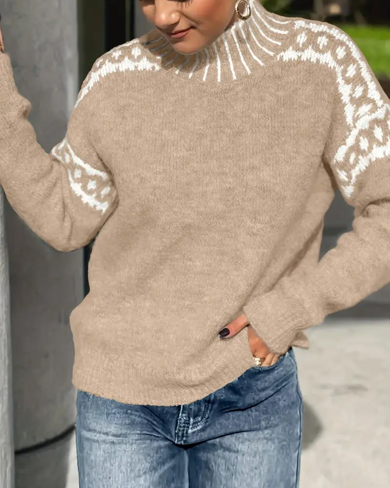 High Neck Patterned Contrast Sweater