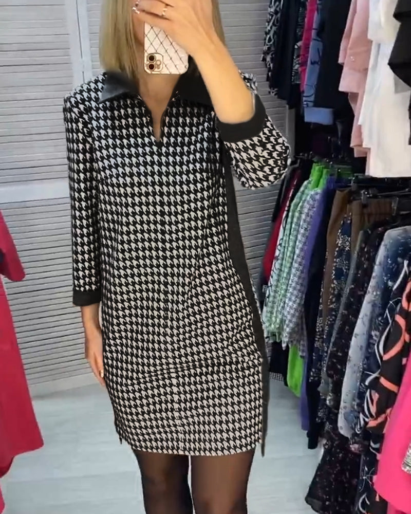 Lapel Pocket Plaid Long Sleeve Dress