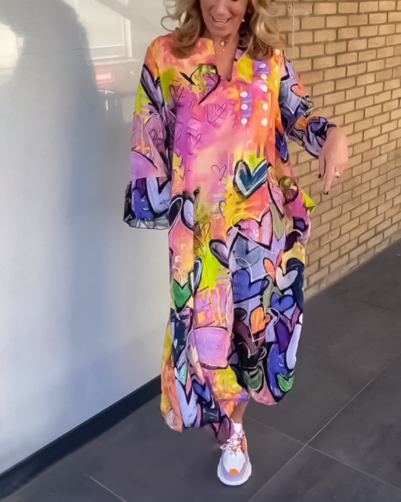 V neck heart print long sleeve dress