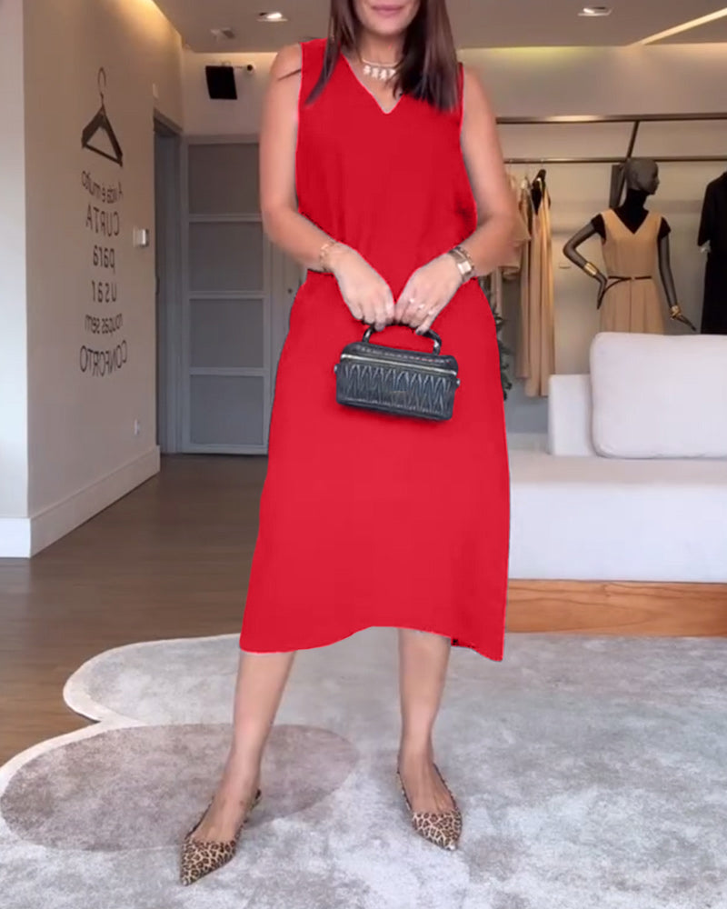 Aumora Casual V-neck Sleeveless Solid Color Split Dress