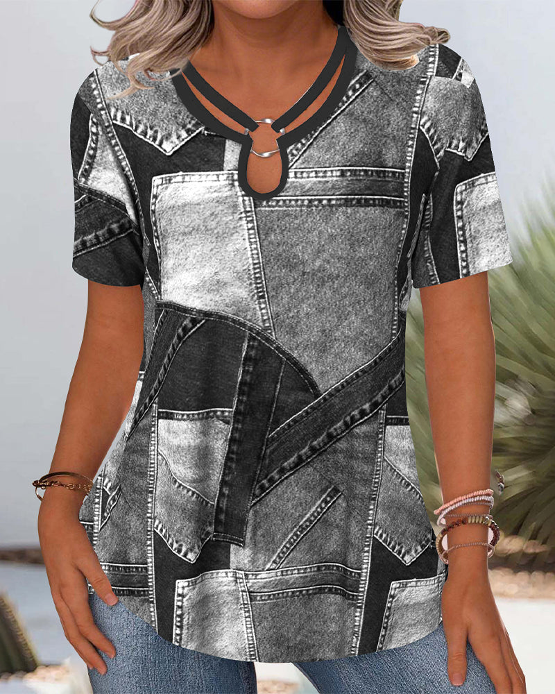 Aumora Vintage Denim Contrast Hollow Blouse