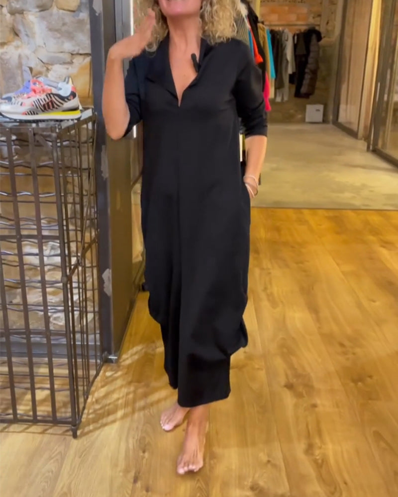 V-Neck Solid Color A-Line Dress