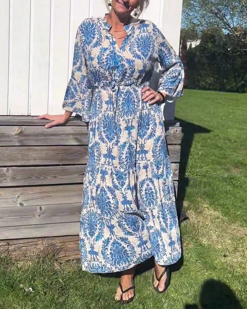 Printed bell sleeve drawstring dress