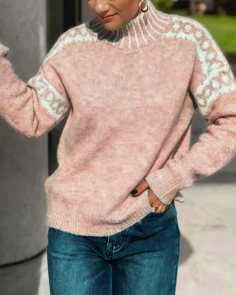 High Neck Patterned Contrast Sweater