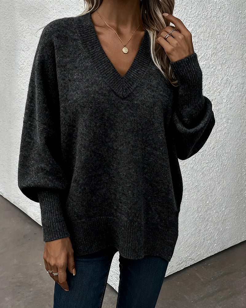 Lantern Sleeve V Neck Sweater