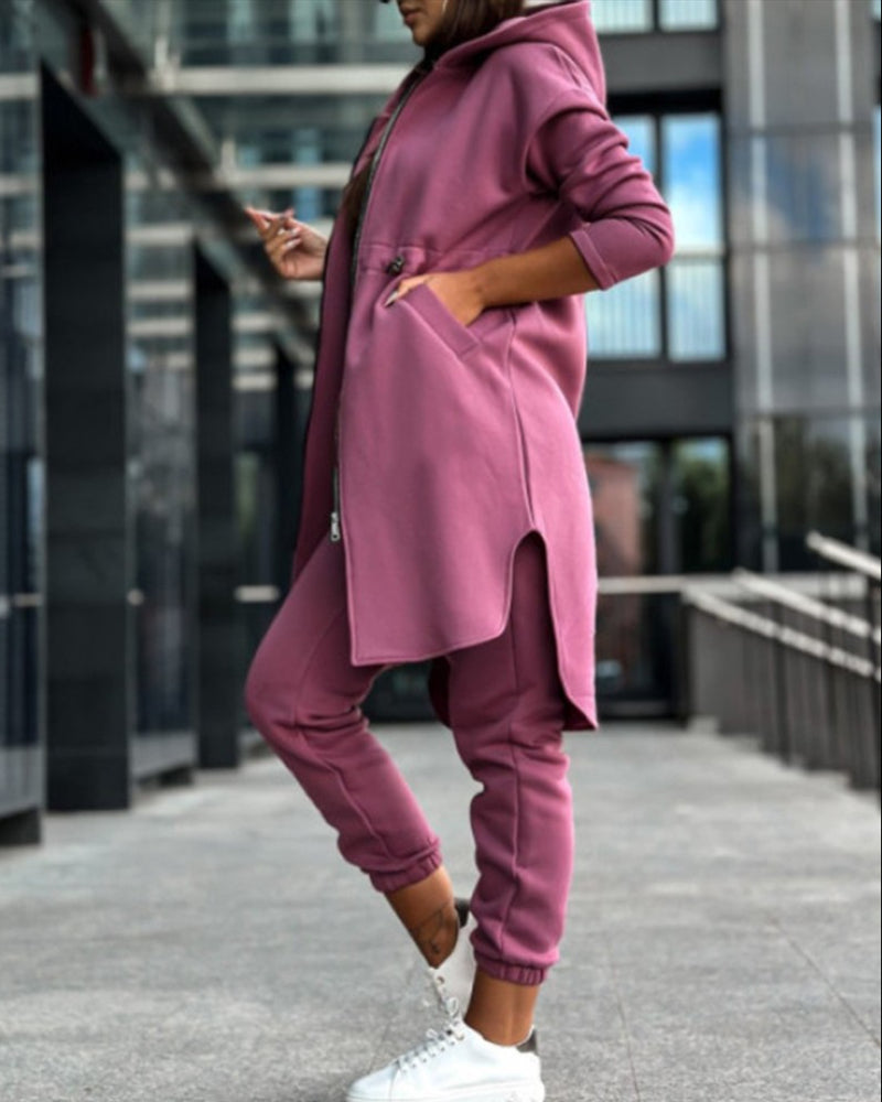 Solid color coat and trousers two-piece set