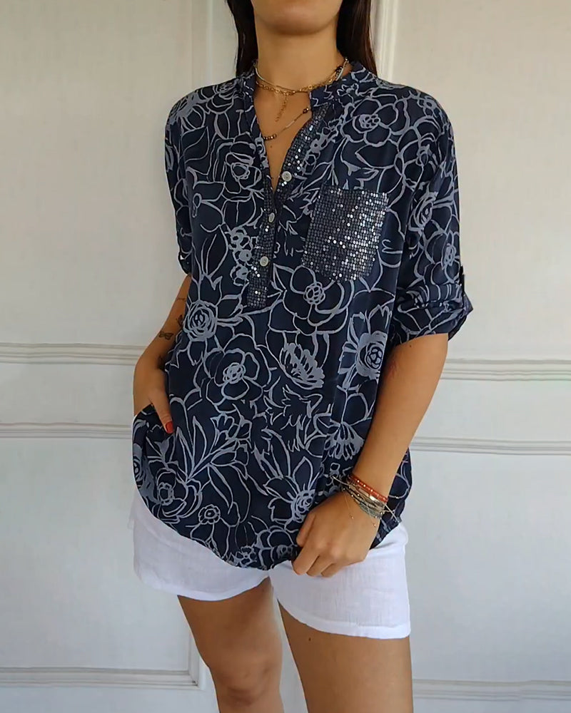 V-Neck Button-Down Printed Blouse