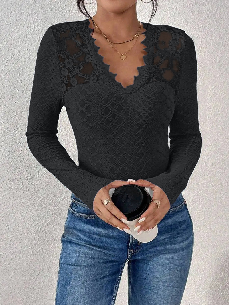 V-Neck Lace Panel Long-Sleeved Top