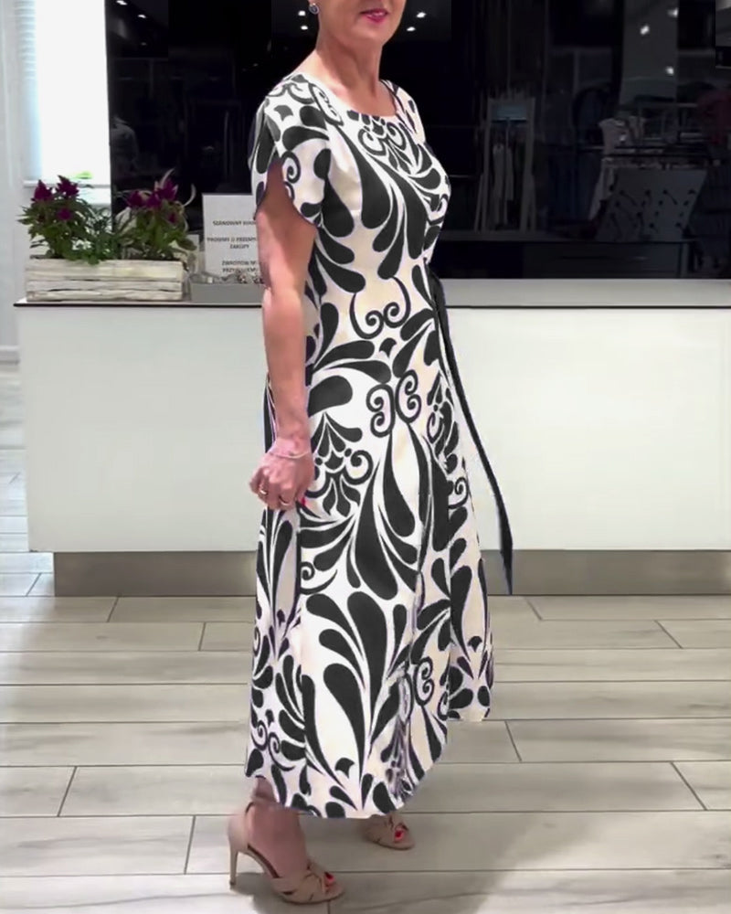 Elegant contrast print short sleeve dress