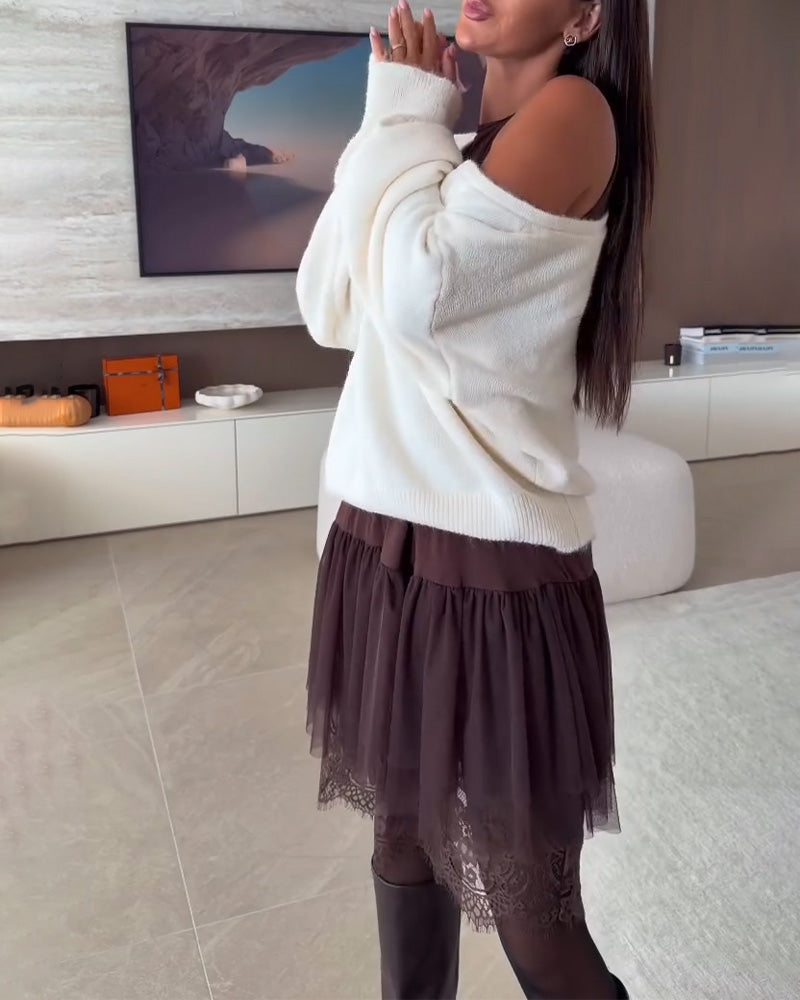 Off-Shoulder Loose Sweater & Lace Hem Dress