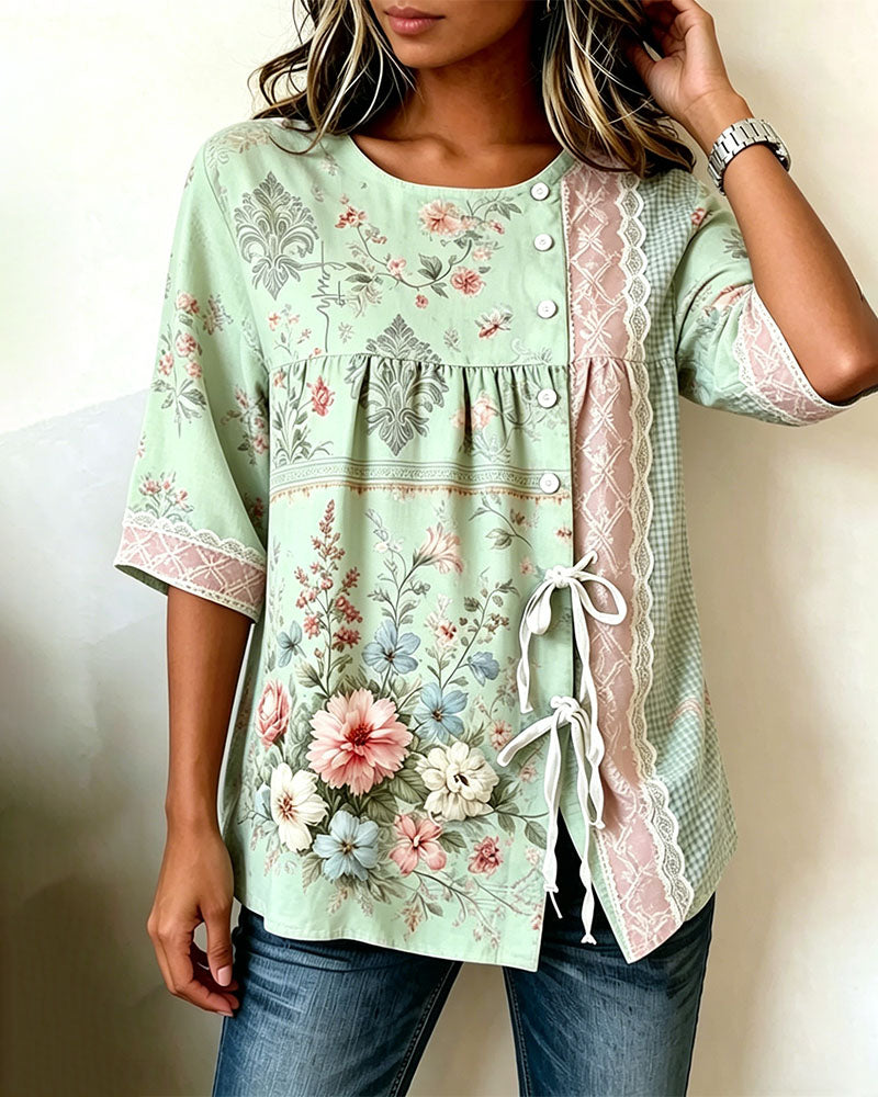 Retro Floral Print Casual Blouse
