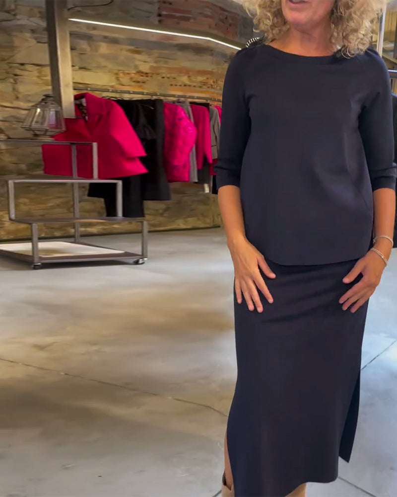 Round neck solid color simple skirt set