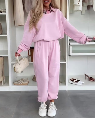 Solid Color And Plaid Patchwork Sports Set