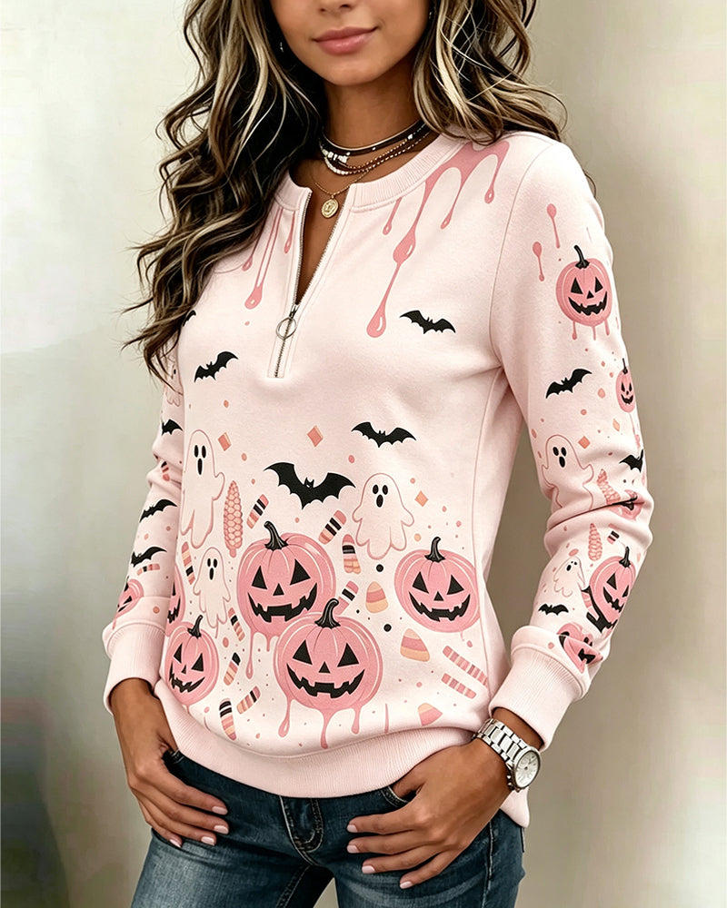 Zipper Long Sleeve Halloween Pumpkin Hoodie