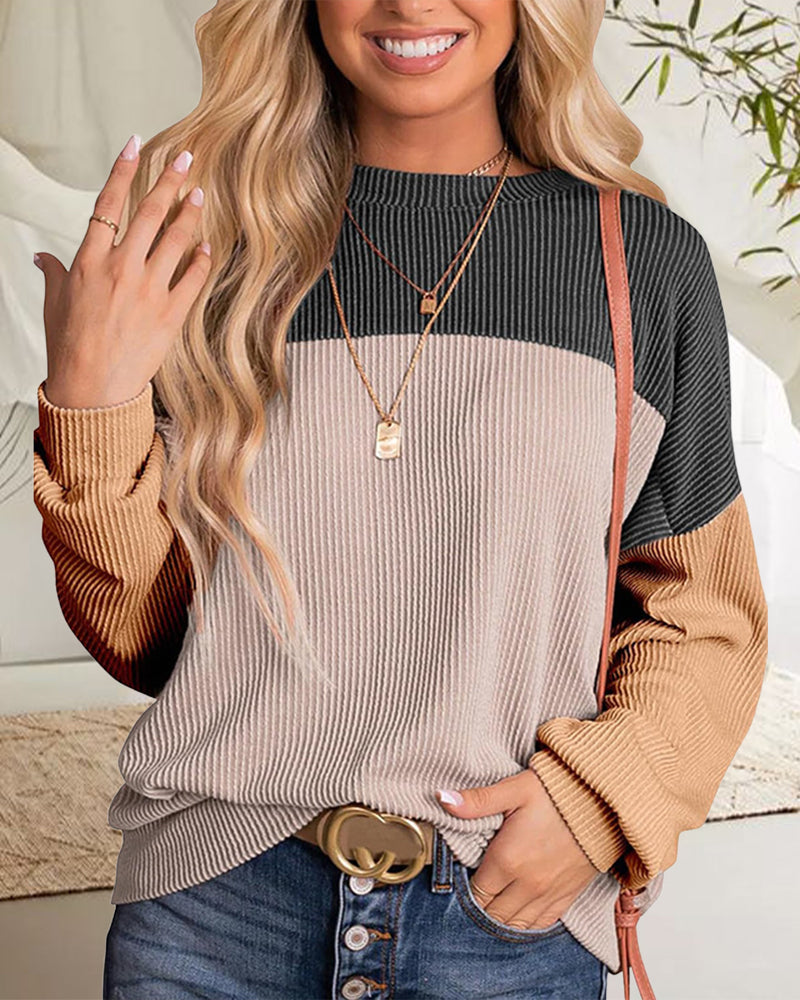 Round neck color block casual pullover sweatshirt