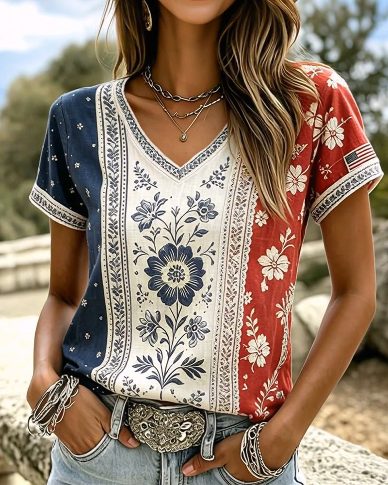 Colorblock Ethnic Floral V-Neck T-Shirts