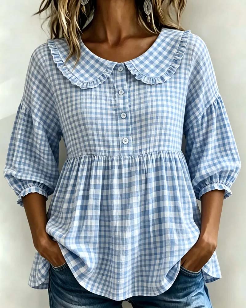 Peter Pan Collar Plaid Waist-Cinching Blouse