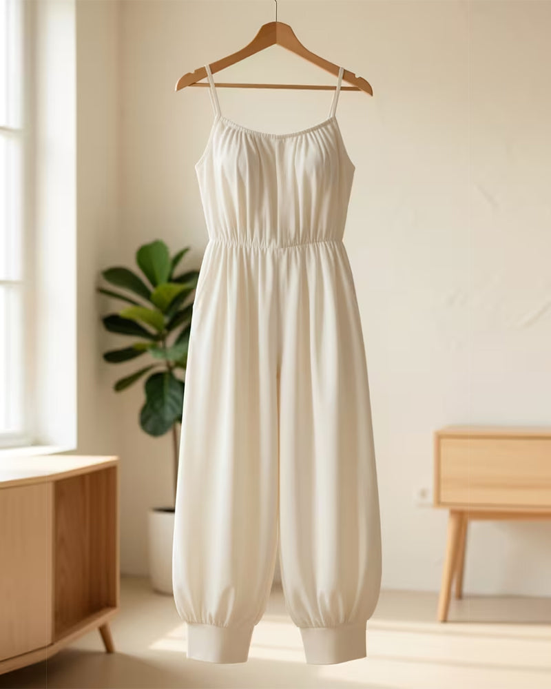Spaghetti Strap Pleated Waist-Cinching Wide Leg Jumpsuit