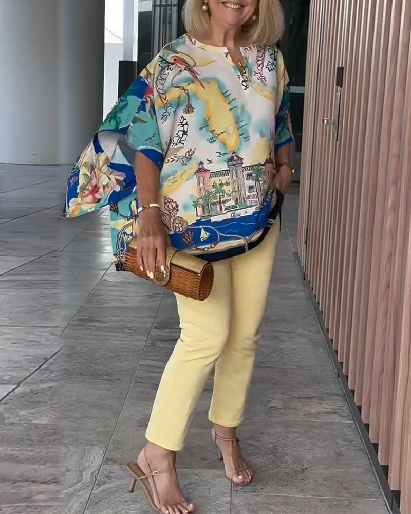 Batwing Sleeve Print Blouse