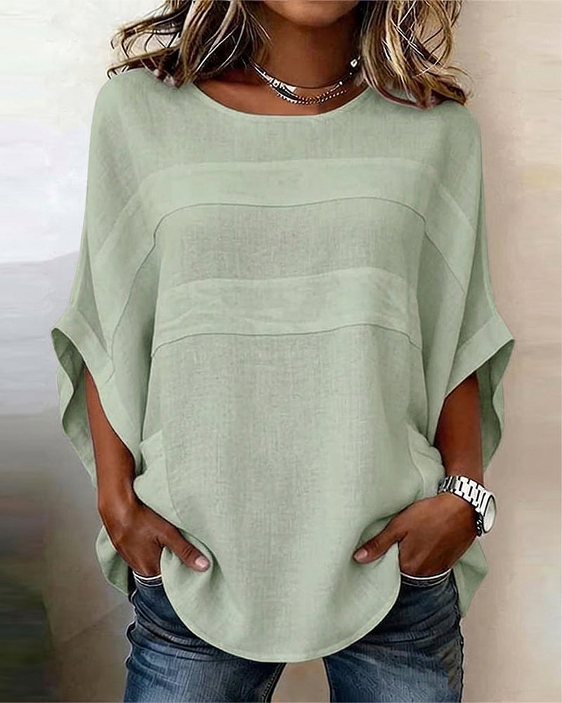 100% Cotton Batwing Sleeve Loose Fit Crewneck Blouse