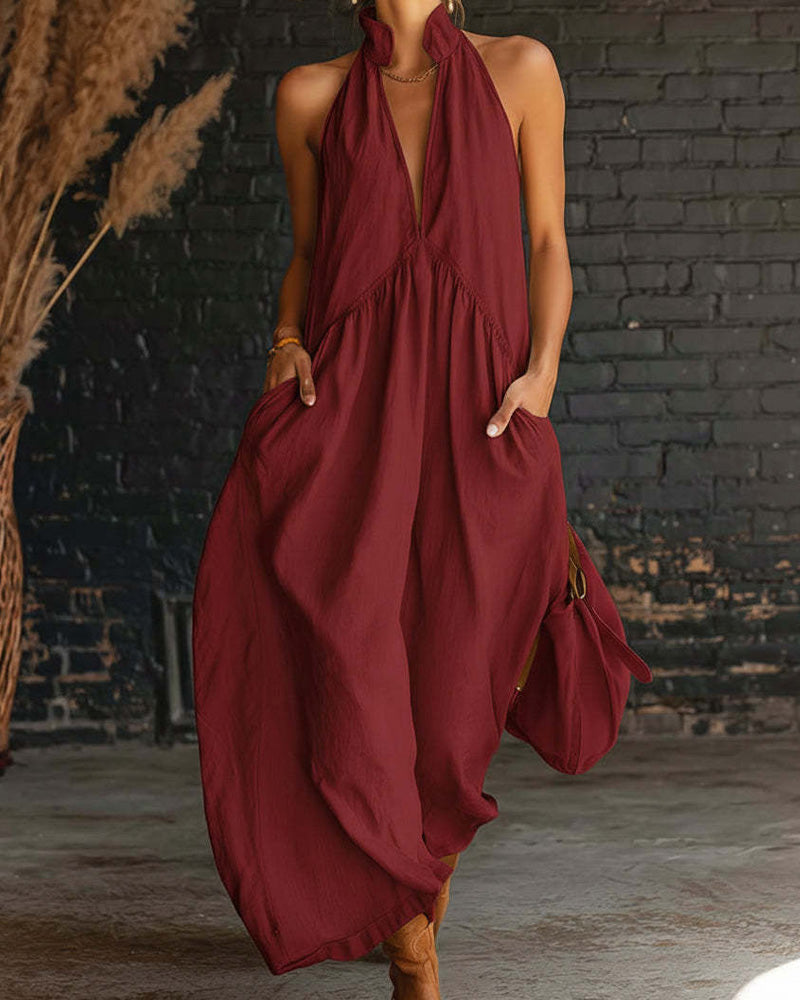 100% Cotton Sleeveless Stand-Collar Solid-Color Maxi Dress
