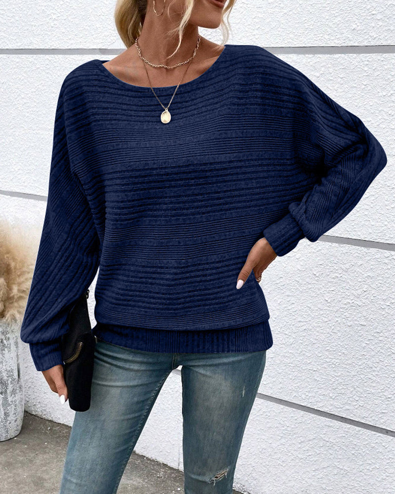 Solid Color Round Neck Long Sleeve Striped Top