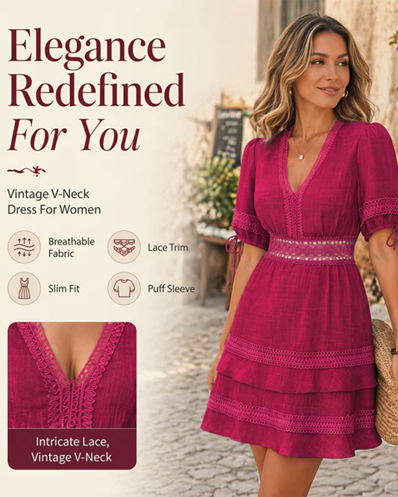V-Neck Tiered Solid Lace Patchwork Dress