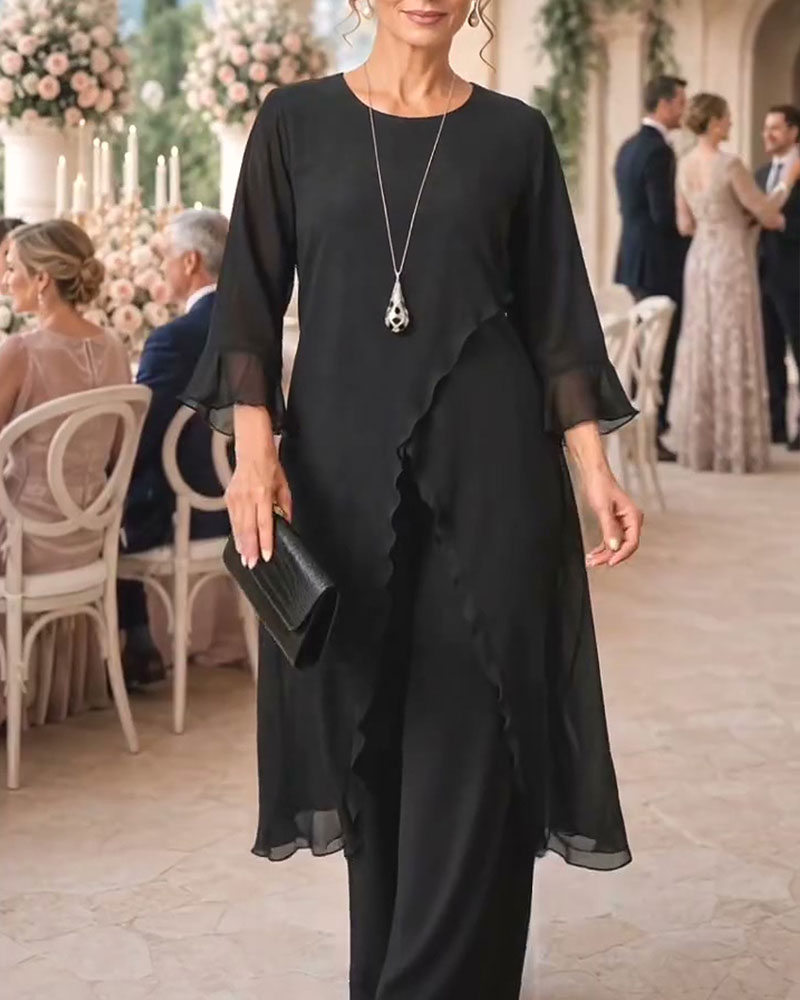 Crew Neck Ruffle Slit Long Blouse