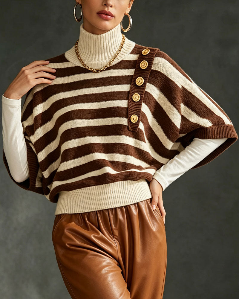 Turtleneck Button Striped Half Sleeve Sweater Pullover