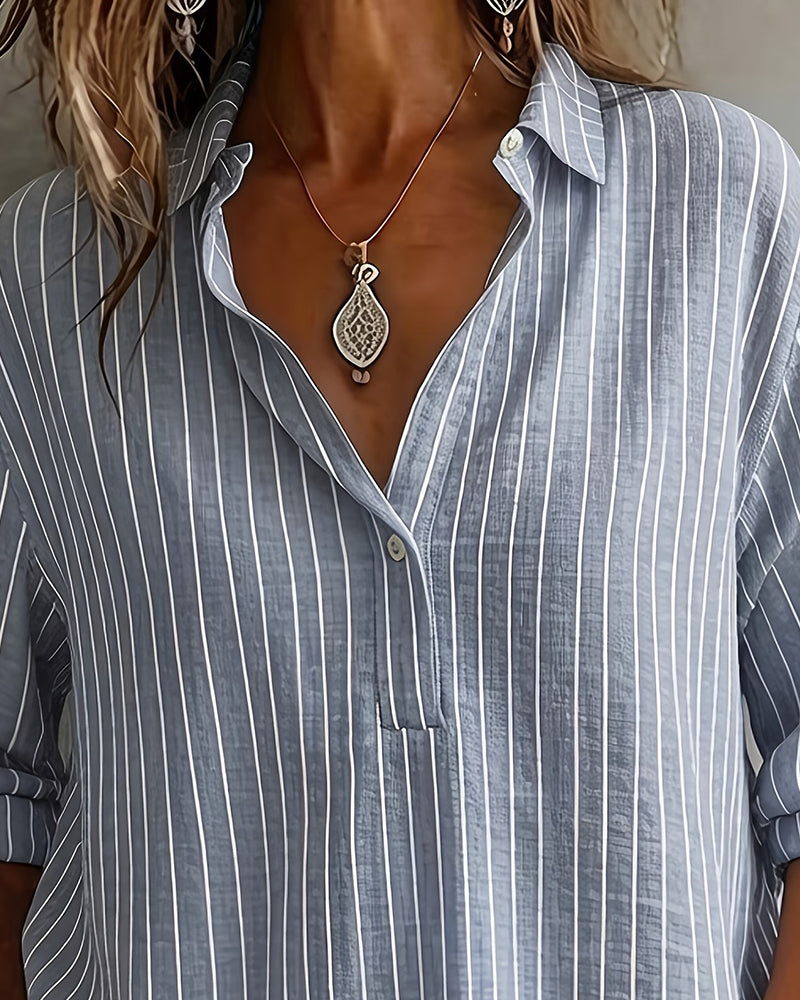 Lapel Vertical Striped Blouse