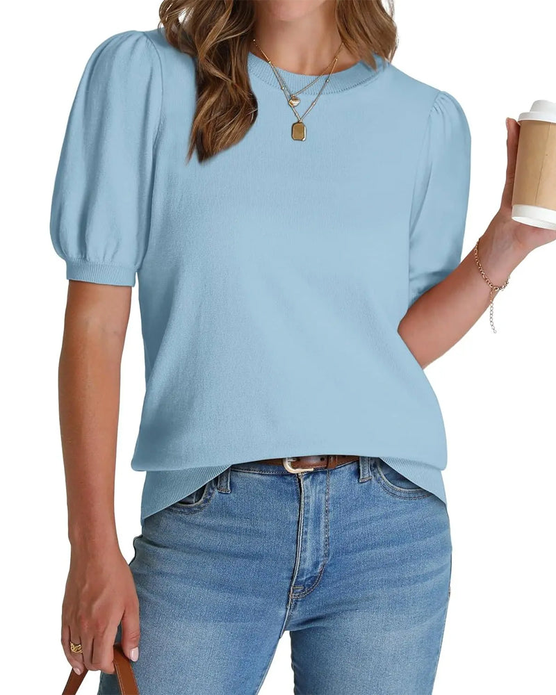 Puff Sleeve Knitted Short-Sleeve Pullover
