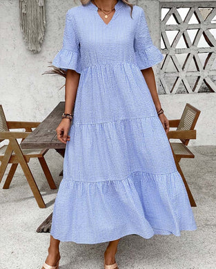 Blue White Gingham V-Neck Dress