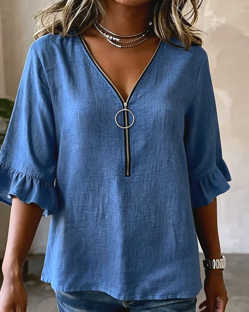 Zipper Half-Sleeve Loose Solid Color Blouse