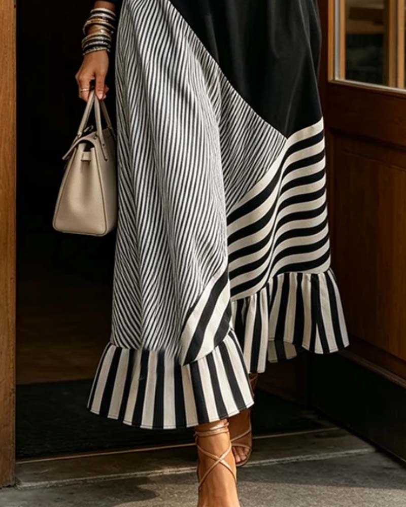 V-Neck Stripe Patchwork Ruffle Dress