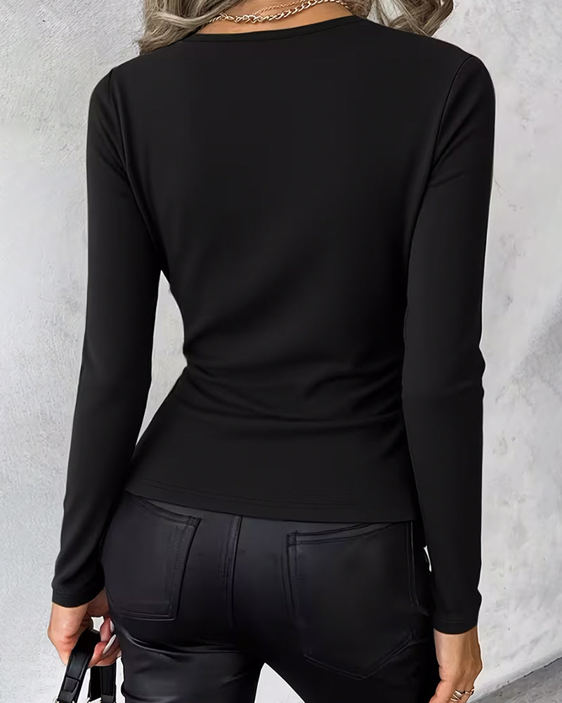 Metallic-Button Deep V-Neck Top