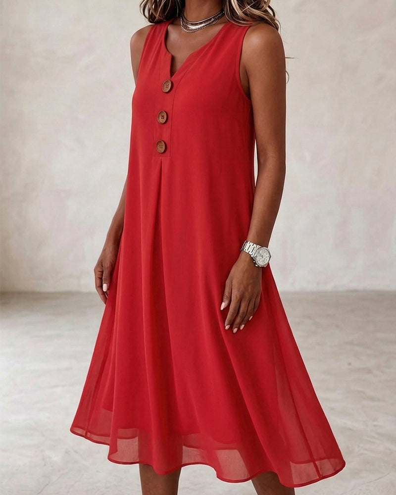 Button Shirred Sleeveless Dress