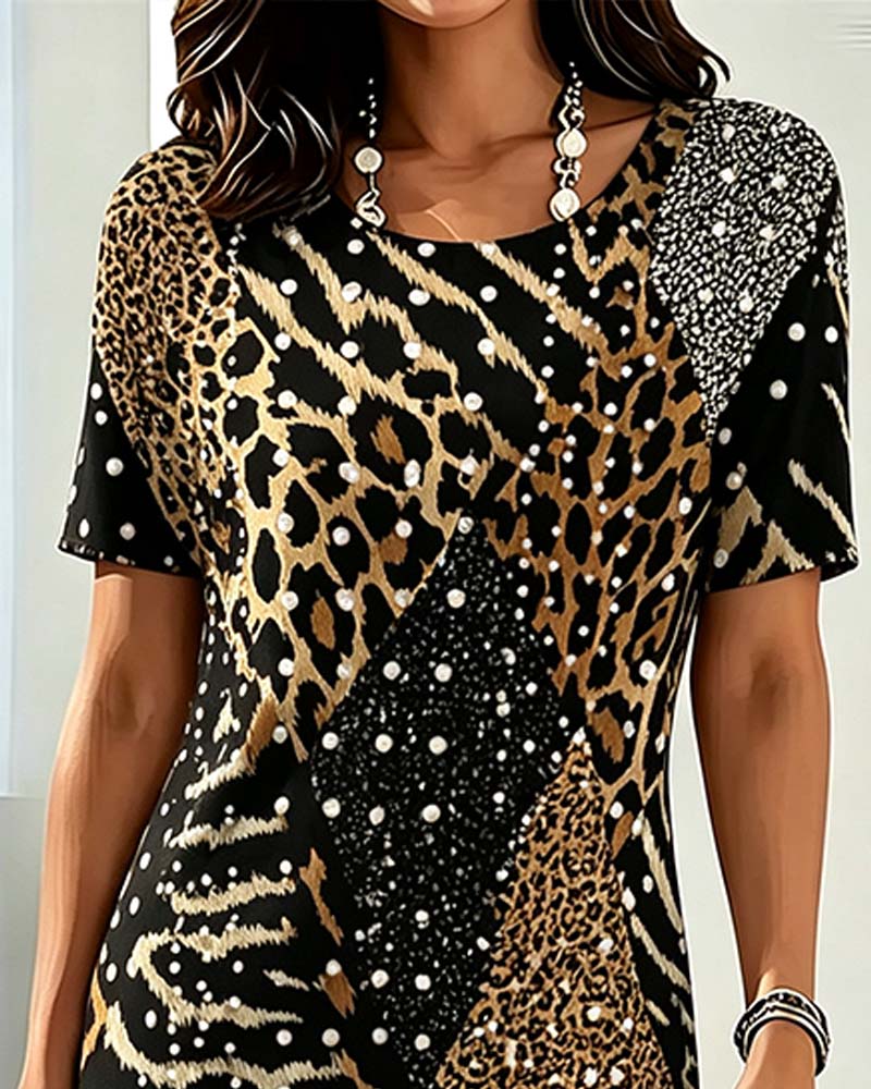 Leopard Print Crew Neck Short Sleeve Patchwork Dress