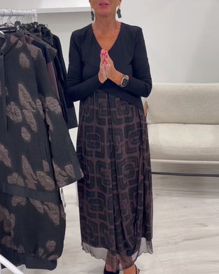 V-Neck Long-Sleeved Patchwork Dress